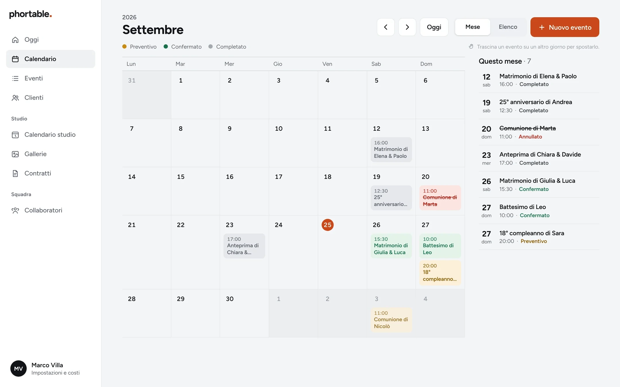 Il calendario di settembre con gli eventi colorati per stato e, a destra, l’elenco degli eventi del mese.