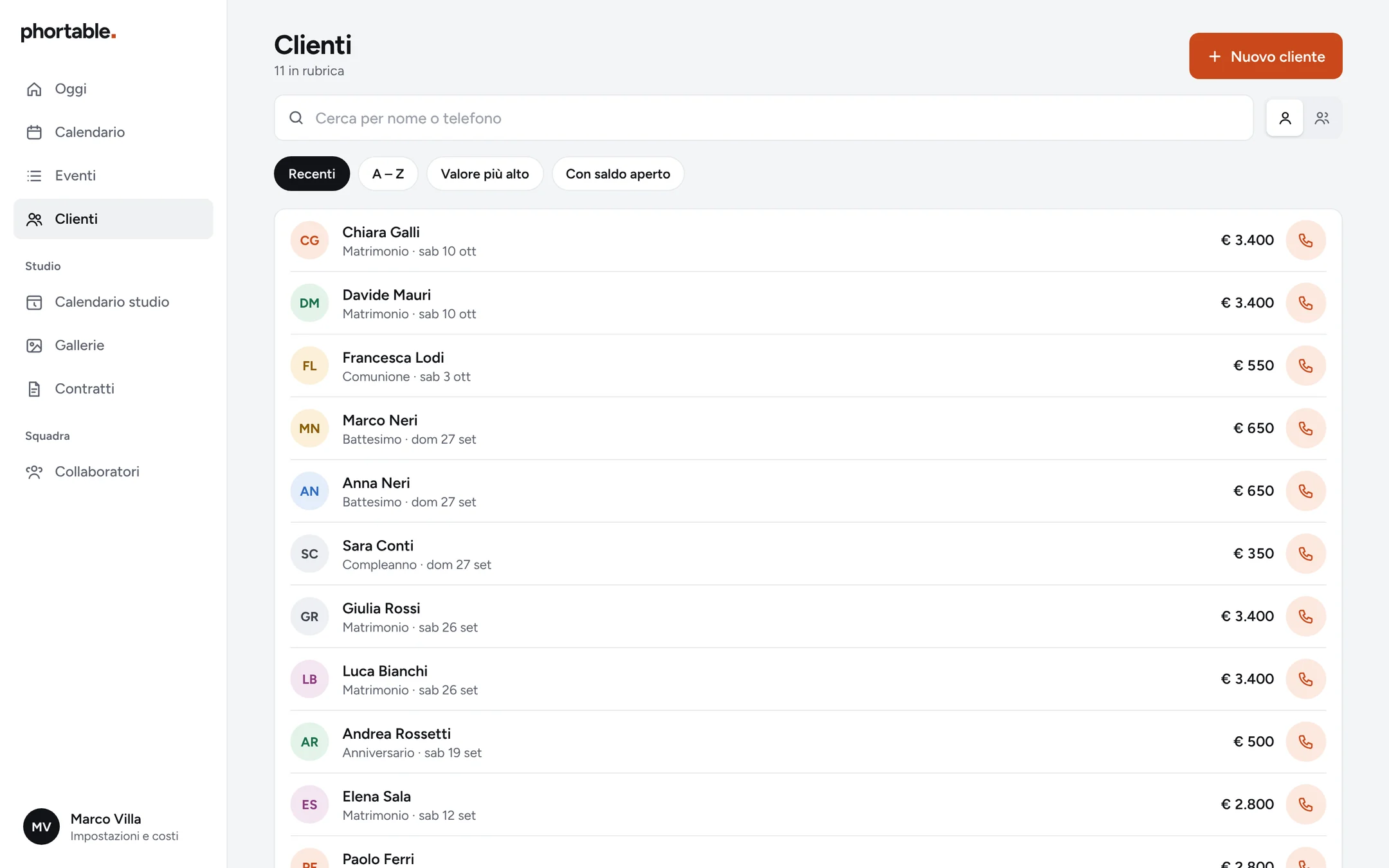 L’elenco dei clienti con il tipo di evento, la data, l’importo e un bottone per chiamare.