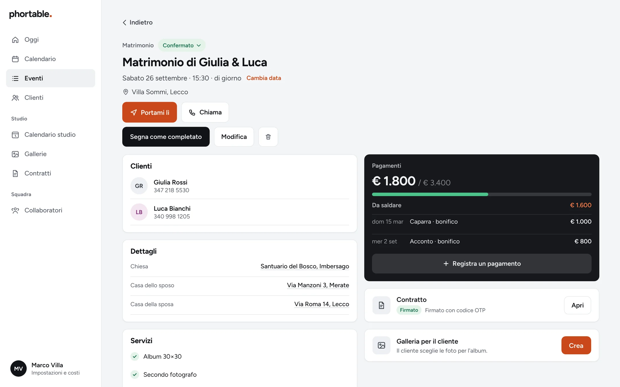 La pagina di un matrimonio: clienti, indirizzi di chiesa e case, servizi, pagamenti con caparra e acconto, contratto firmato e galleria.