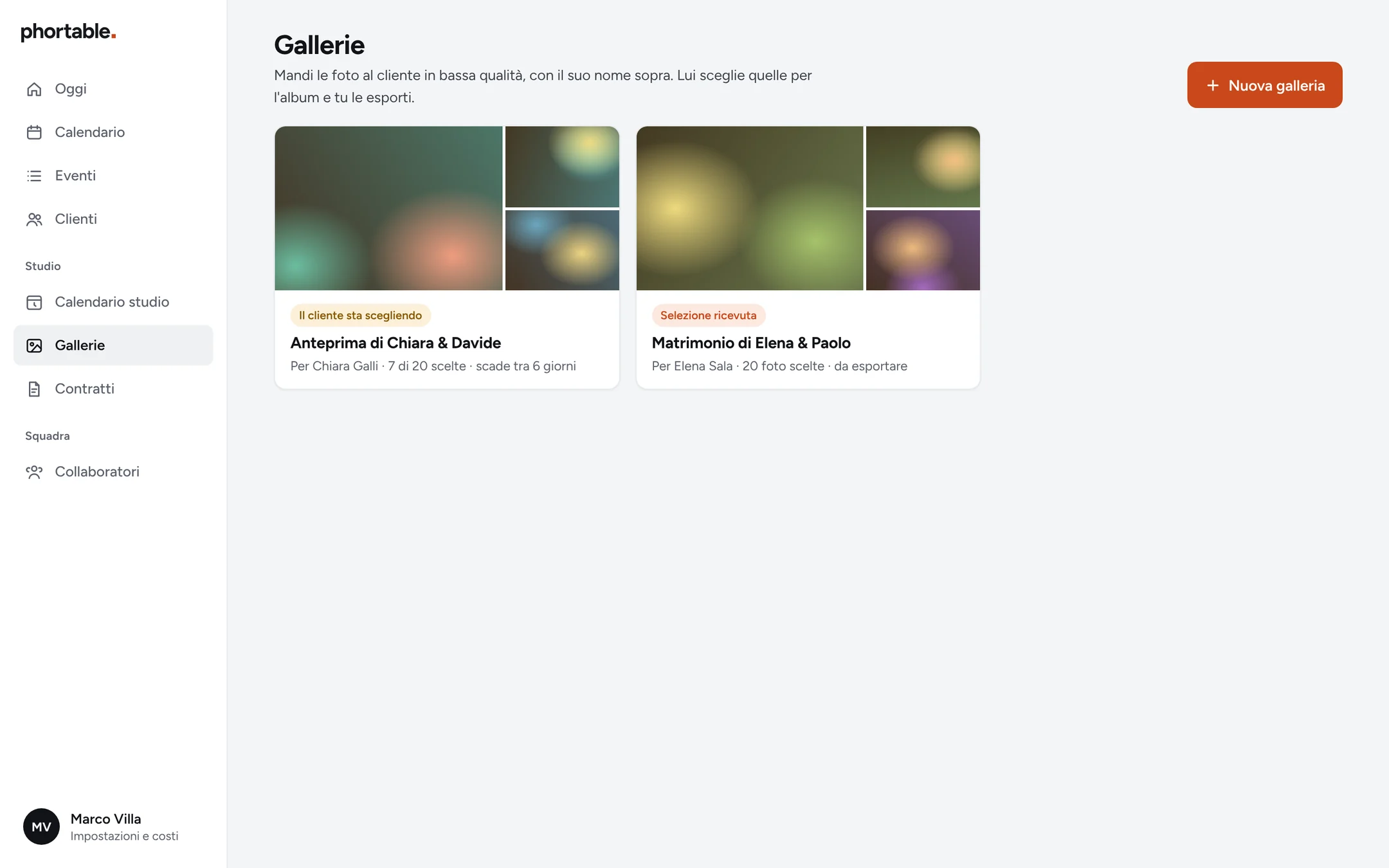 Le gallerie per i clienti, con lo stato della selezione delle foto.