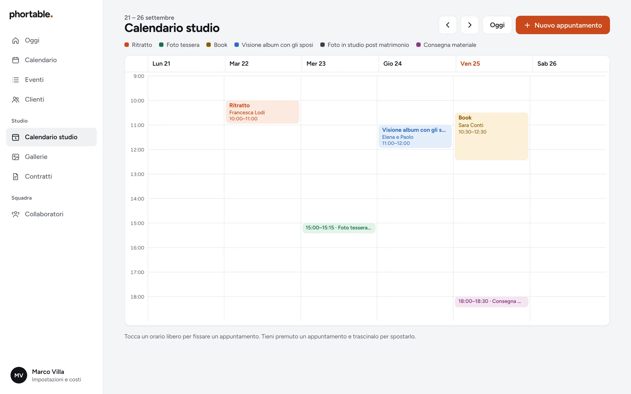 Il calendario settimanale dello studio con ritratti, book, consegne e visioni album.