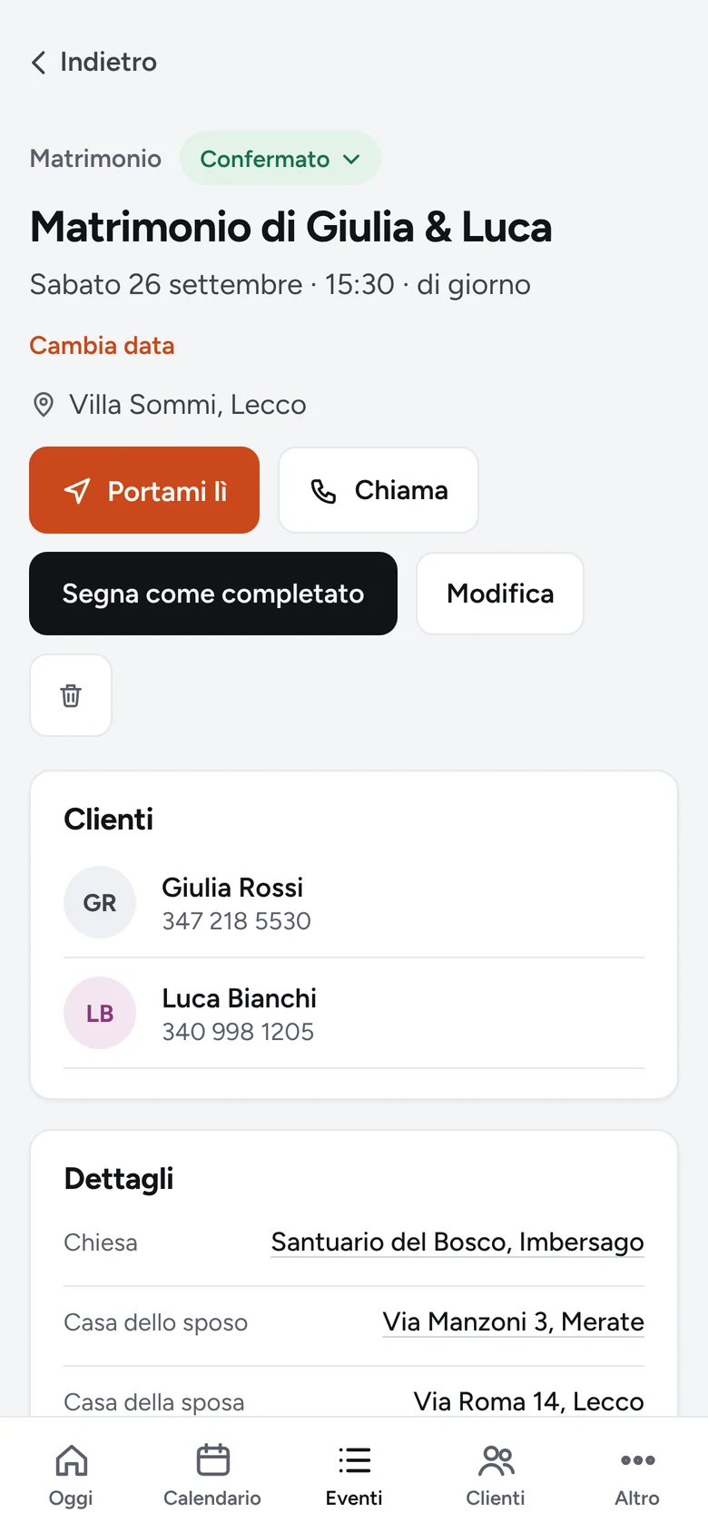 Phortable sul telefono: la pagina del matrimonio con Portami lì, Chiama, clienti e dettagli.